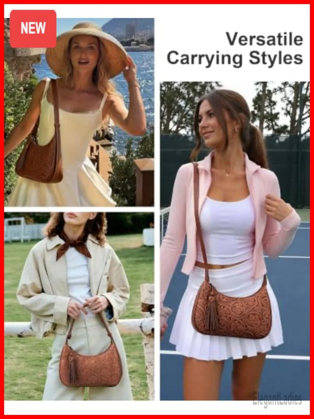 Vegan Leather Floral Embossed Hobo Bag with Tassel Adjustable Strap